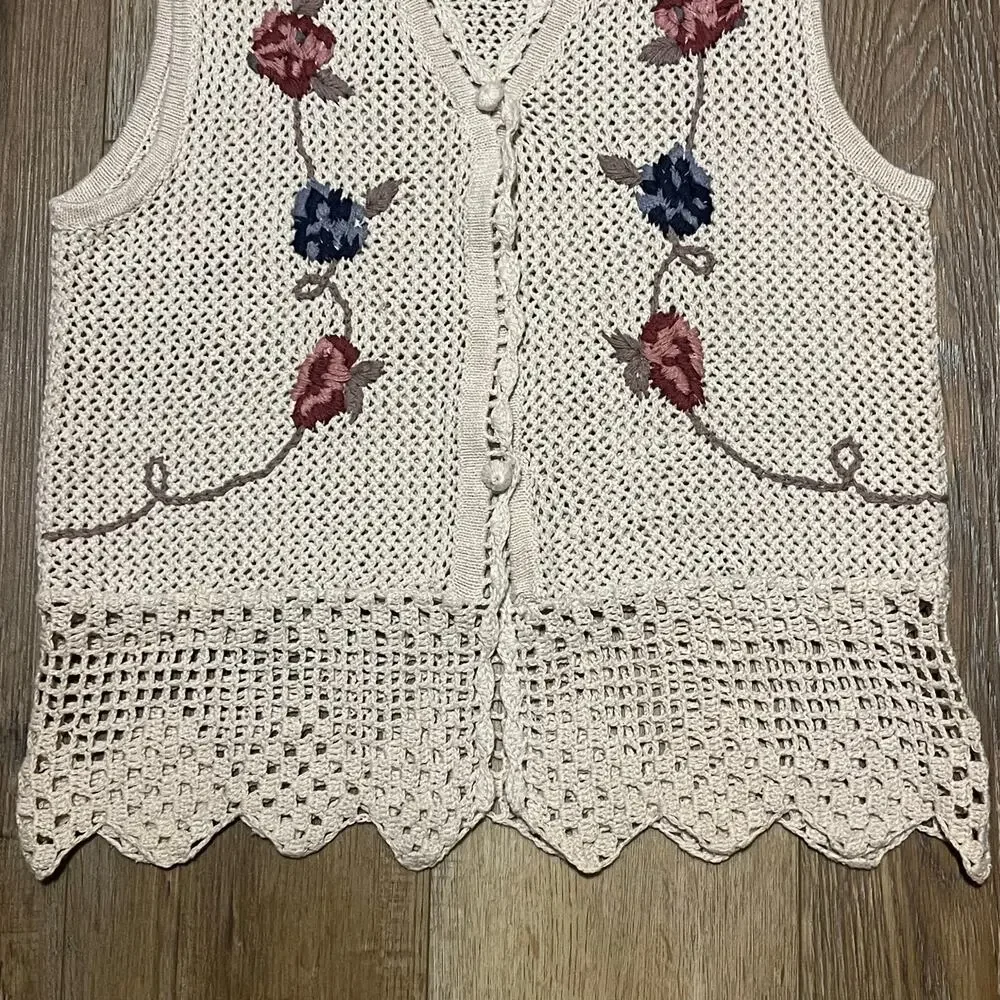 VTG Crochet Knit Floral Boho Vest Small Cream Ramie Cotton Cottagecore Hippie - Picture 2 of 7